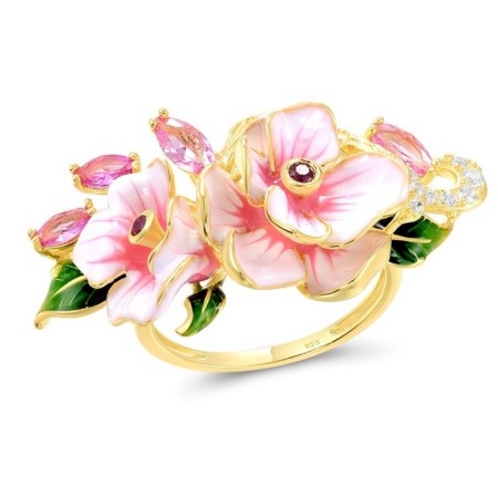 Sterling Silver w/ Yellow Plating Ring Created Pink Sapphire,Created Ruby,Enamel,White Cubic Zirconia (R314966ENASY925) - US 6