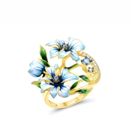Sterling Silver w/ Yellow Black Plating Ring Blue Spinel,Enamel,White Cubic Zirconia (R314970ENASC925) - US 10