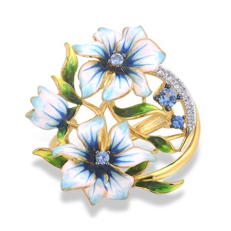 Sterling Silver w/ Yellow Black White Plating Ring Blue Spinel,Enamel,White Cubic Zirconia (R314970ENASZ925)