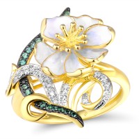 Sterling Silver w/ Yellow Black White Plating Ring Enamel,Green Spinel,White Cubic Zirconia (R314974ENASZ925)