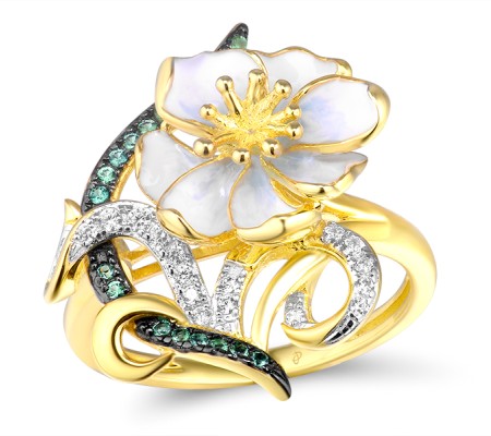 Sterling Silver w/ Yellow Black White Plating Ring Enamel,Green Spinel,White Cubic Zirconia (R314974ENASZ925)