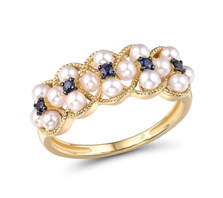 14KYB Ring Blue Sapphire,Fresh Water White Pearl (R315052PSA14KYB) - US 6