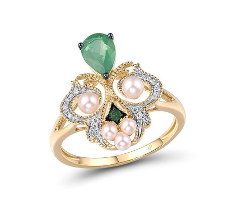14KYWB Ring Diamond,Emerald,Fresh Water White Pearl (R315066EFP14KYWB) - US 7