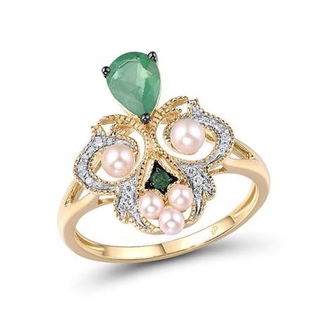 14KYWB Ring Diamond,Emerald,Fresh Water White Pearl (R315066EFP14KYWB) - US 7