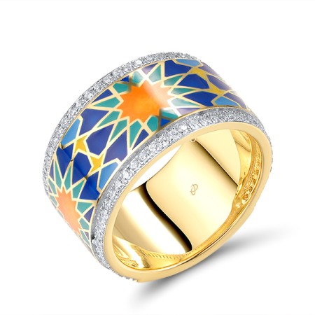 Sterling Silver w/ Ionic Yellow Plating Ring Enamel,White Cubic Zirconia (R315076ENASP925)