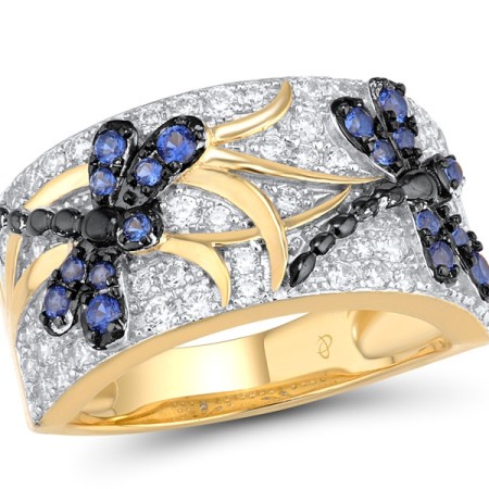 Sterling Silver w/ Yellow Black White Plating Ring Blue Nano Cubic Zirconia,Blue Spinel,White Cubic Zirconia (R315136BNBZSZ925) - US 6