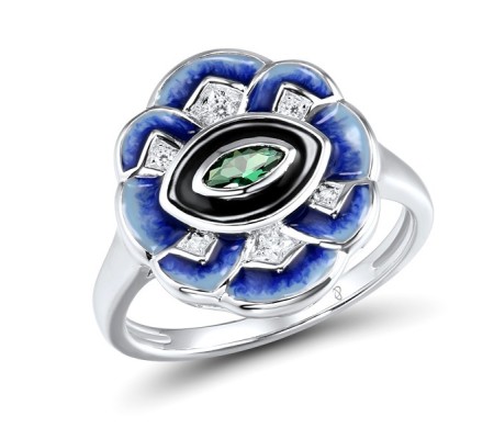 Sterling Silver Ring Enamel,Green Spinel,White Cubic Zirconia (R315141ENASL925) - US 7