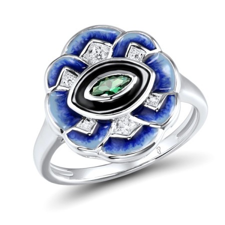 Sterling Silver Ring Enamel,Green Spinel,White Cubic Zirconia (R315141ENASL925) - US 7
