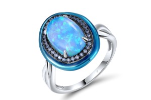 Sterling Silver w/ Black White Plating Ring Synthetic Blue Spinel,Created Opal,Enamel (R315157ENASK925)