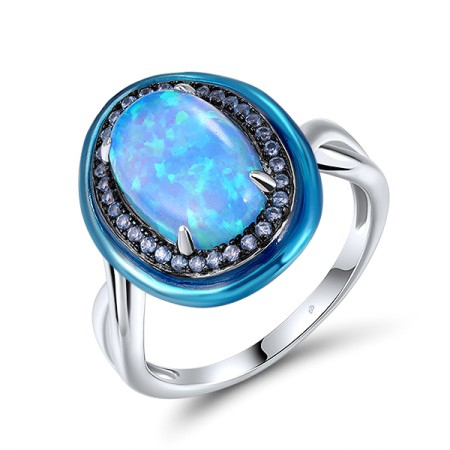Sterling Silver w/ Black White Plating Ring Synthetic Blue Spinel,Created Opal,Enamel (R315157ENASK925)