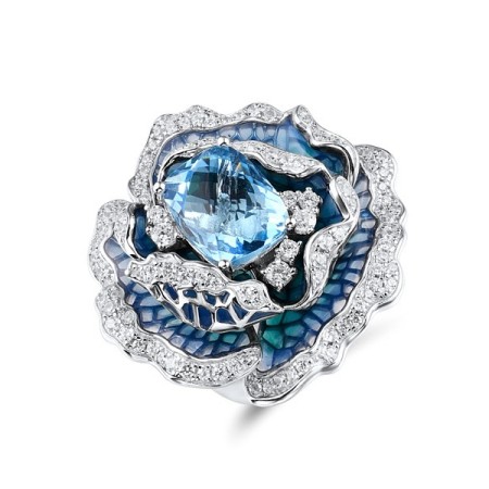 Sterling Silver Ring Blue Glass,Enamel,White Cubic Zirconia (R315191ENASL925) - US 6
