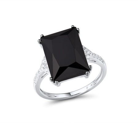 Sterling Silver w/ Black White Plating Ring Black Glass,White Cubic Zirconia (R315248WBGSK925) - US 6