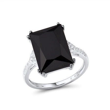 Sterling Silver w/ Black White Plating Ring Black Glass,White Cubic Zirconia (R315248WBGSK925) - US 6