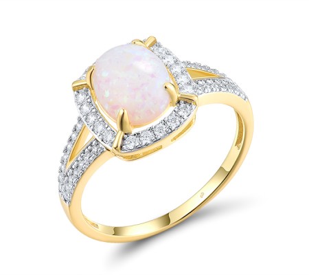 Sterling Silver w/ Ionic Yellow Plating Ring Created Opal,White Cubic Zirconia (R315409COZSP925) - US 6