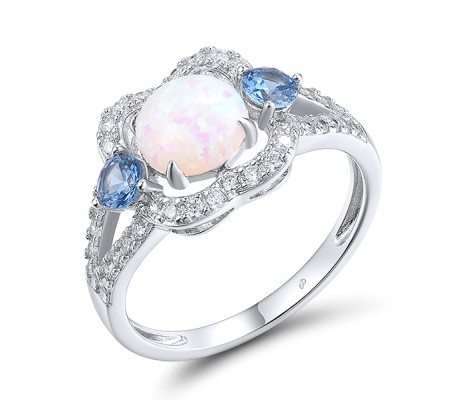 Sterling Silver Ring Blue Spinel,Created Opal,White Cubic Zirconia (R315411BLOZSL925) - US 6