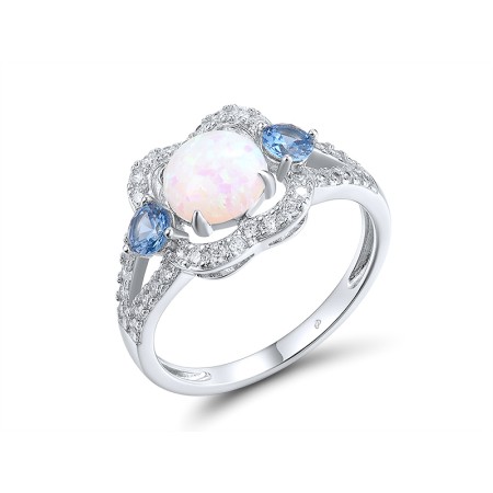Sterling Silver Ring Blue Spinel,Created Opal,White Cubic Zirconia (R315411BLOZSL925) - US 6