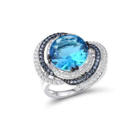 Sterling Silver w/ Black White Plating Ring Blue Glass,Blue Spinel,White Cubic Zirconia (R315556BGNZSK925) - US 6
