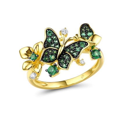Sterling Silver w/ Yellow Black Plating Ring Green Spinel,White Cubic Zirconia (R315639GSZSC925) - US 6