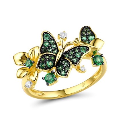 Sterling Silver w/ Yellow Black Plating Ring Green Spinel,White Cubic Zirconia (R315639GSZSC925) - US 6