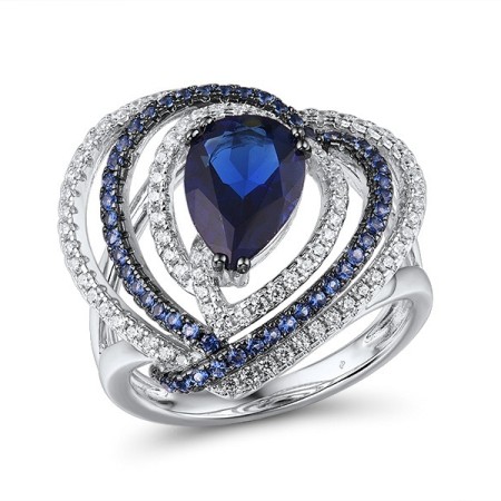 Sterling Silver w/ Black White Plating Ring Blue Glass,Blue Nano Cubic Zirconia,White Cubic Zirconia (R315804BNBZSK925) - US 6