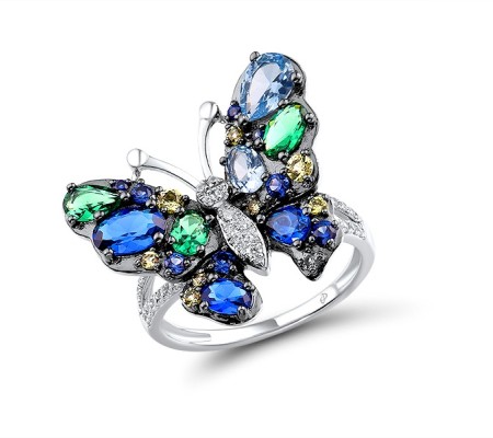 Sterling Silver w/ Black White Plating Ring Blue Spinel,Created Sapphire,Green Nano Cubic Zirconia (Per,Green Spinel,White Cubic Zirconia (R315805MULSK925) - US 6