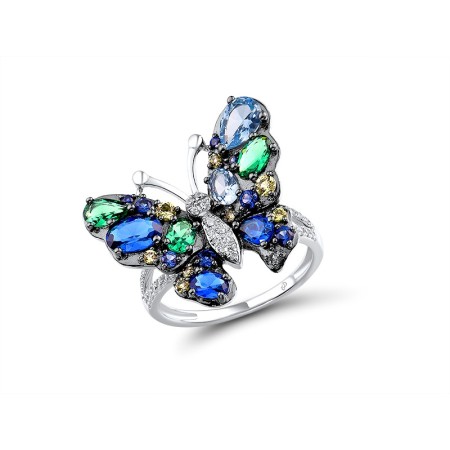 Sterling Silver w/ Black White Plating Ring Blue Spinel,Created Sapphire,Green Nano Cubic Zirconia (Per,Green Spinel,White Cubic Zirconia (R315805MULSK925) - US 6