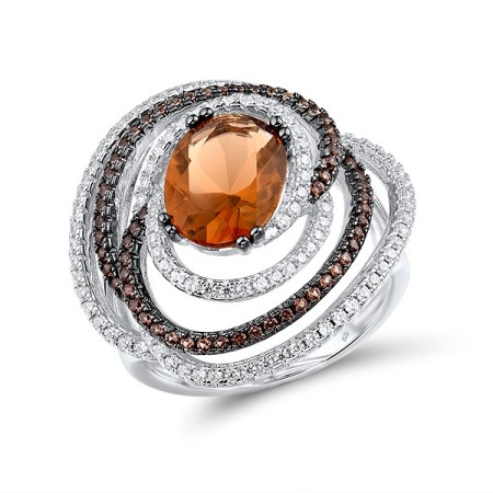 Sterling Silver w/ Black White Plating Ring Nano Brown Spinel,Smoky Glass,White Cubic Zirconia (R315841SGBZSK925) - US 6