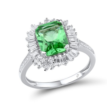Sterling Silver Ring Green Glass,White Cubic Zirconia (R315914GRGZSL925) - US 6