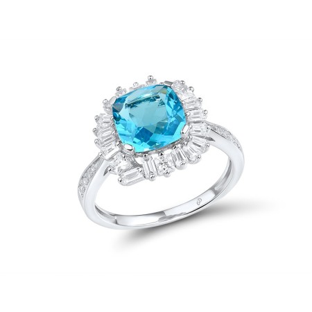 Sterling Silver Ring Blue Glass,White Cubic Zirconia (R315915BLGZSL925) - US 6