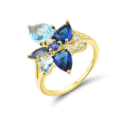 Sterling Silver w/ Yellow Plating Ring Blue Glass,Blue Nano Cubic Zirconia,White Cubic Zirconia (R315984BLNZ2SY925) - US 7