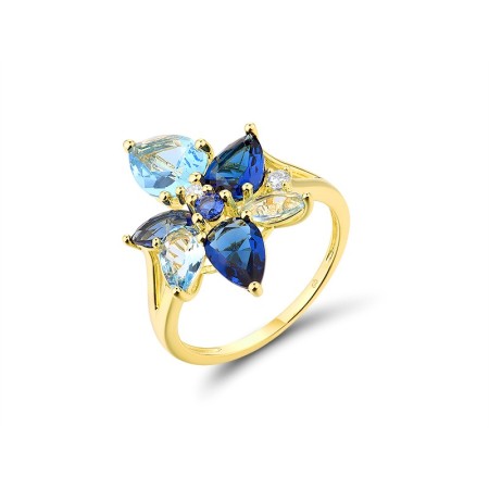 Sterling Silver w/ Yellow Plating Ring Blue Glass,Blue Nano Cubic Zirconia,White Cubic Zirconia (R315984BLNZ2SY925) - US 7