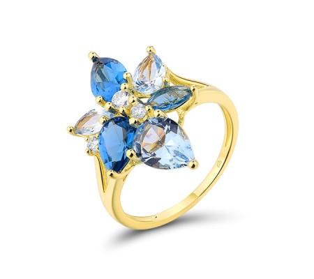Sterling Silver w/ Yellow Plating Ring Blue Spinel,White Cubic Zirconia (R315984BLZSY925) - US 7