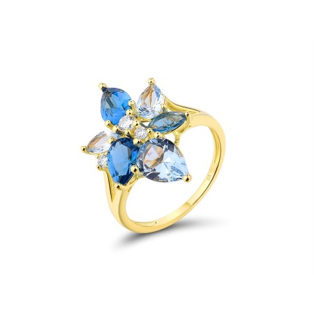 Sterling Silver w/ Yellow Plating Ring Blue Spinel,White Cubic Zirconia (R315984BLZSY925) - US 7