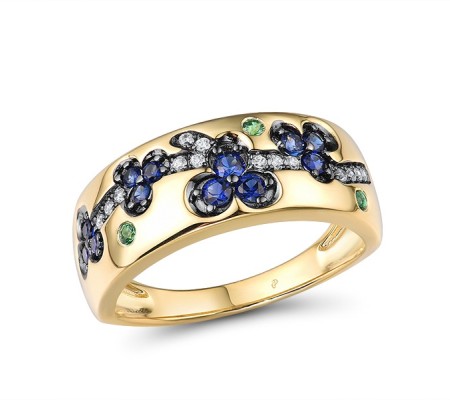 Sterling Silver w/ Yellow Black Plating Ring Created Sapphire,Green Spinel,White Cubic Zirconia (R316023CSGZSC925) - US 6