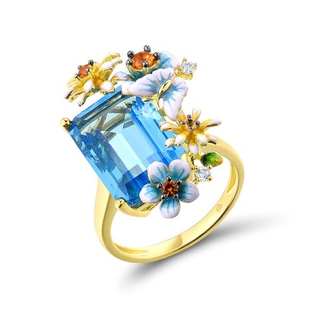 Sterling Silver w/ Yellow Black Plating Ring Blue Glass,Enamel,White Cubic Zirconia,Yellow Nano Crystal (R316090ENASC925) - US 6