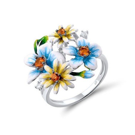 Sterling Silver w/ Black White Plating Ring Enamel,White Cubic Zirconia,Yellow Nano Crystal (R316091ENASK925) - US 6