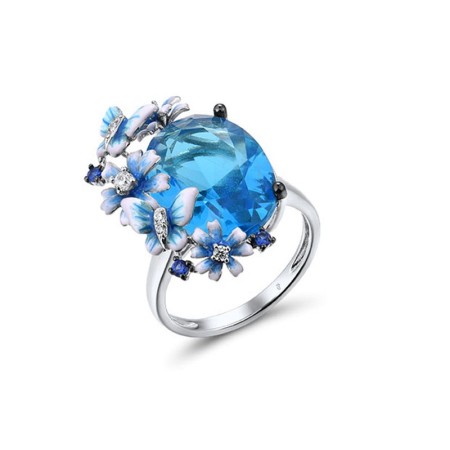 Sterling Silver w/ Black White Plating Ring Blue Glass,Blue Nano Cubic Zirconia,Enamel,White Cubic Zirconia (R316094ENASK925) - US 6