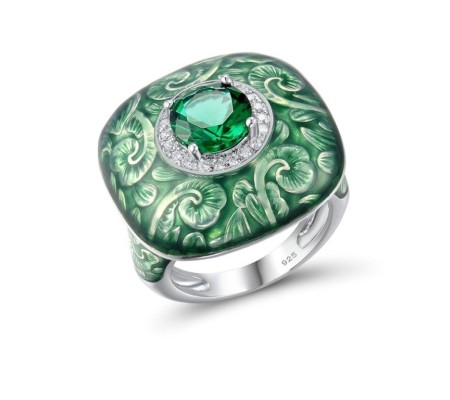 Sterling Silver Ring Enamel,Green Glass,White Cubic Zirconia (R316105ENA1SL925) - US 10