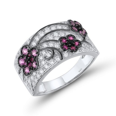 Sterling Silver w/ Black White Plating Ring Black spinel,Created Pink Sapphire,Created Ruby,White Cubic Zirconia (R316227MULSK925) - US 7