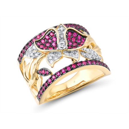 Sterling Silver w/ Yellow Black White Plating Ring Created Ruby,White Cubic Zirconia (R316229CRZSZ925) - US 6
