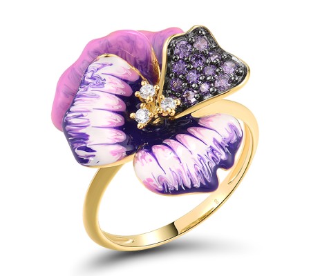 Sterling Silver w/ Yellow Black Plating Ring Amethyst Cubic Zirconia,Enamel,White Cubic Zirconia (R316397ENASC925) - US 6