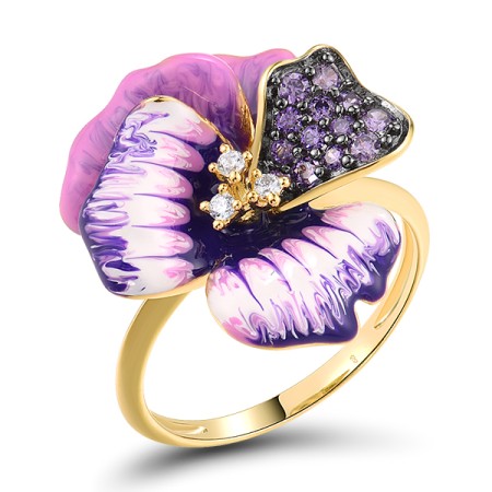 Sterling Silver w/ Yellow Black Plating Ring Amethyst Cubic Zirconia,Enamel,White Cubic Zirconia (R316397ENASC925) - US 6
