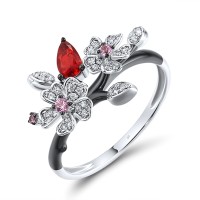 Sterling Silver w/ Black White Plating Ring White Cubic Zirconia,Created Pink Sapphire,Red Glass (R316417RGCZSK925)