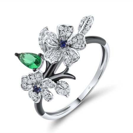Sterling Silver w/ Black White Plating Ring Created Sapphire,Green Glass,White Cubic Zirconia (R316418GCSZSK925)