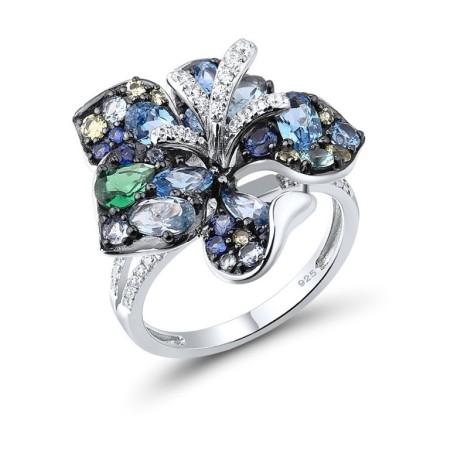 Sterling Silver w/ Black White Plating Ring Blue Spinel,Created Sapphire,Green Nano Cubic Zirconia (Per,Green Spinel,White Cubic Zirconia (R316555MULSK925) - US 6