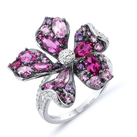 Sterling Silver w/ Black White Plating Ring Amethyst Cubic Zirconia,Created Pink Sapphire,Created Ruby,White Cubic Zirconia (R316556MULSK925) - US 6