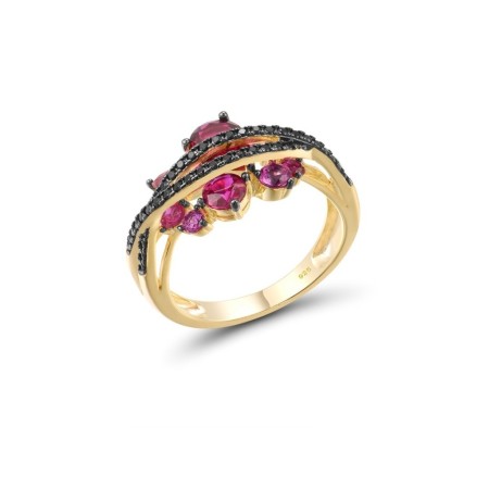Sterling Silver w/ Yellow Black Plating Ring Black spinel,Created Pink Sapphire,Created Ruby (R316655BCPRSC925) - US 6