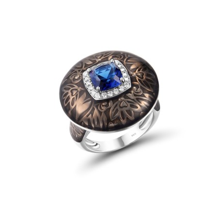 Sterling Silver Ring Blue Glass,White Cubic Zirconia (R316883ENASL925) - US 6