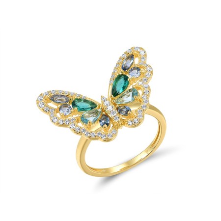 Sterling Silver w/ Yellow Plating Ring Blue Glass,Blue Spinel,Green Glass,White Cubic Zirconia (R316895MULSY925) - US 6