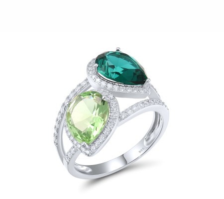 Sterling Silver Ring Green Glass,White Cubic Zirconia (R316904GRGZSL925) - US 6
